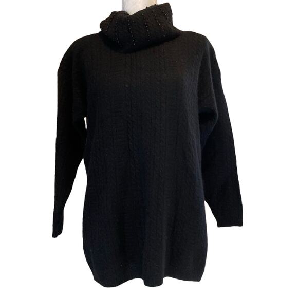 Vintage 80s Black Mohair Wool Beaded Turtleneck Cable Knit Sweater Size Medium - Picture 1 of 16